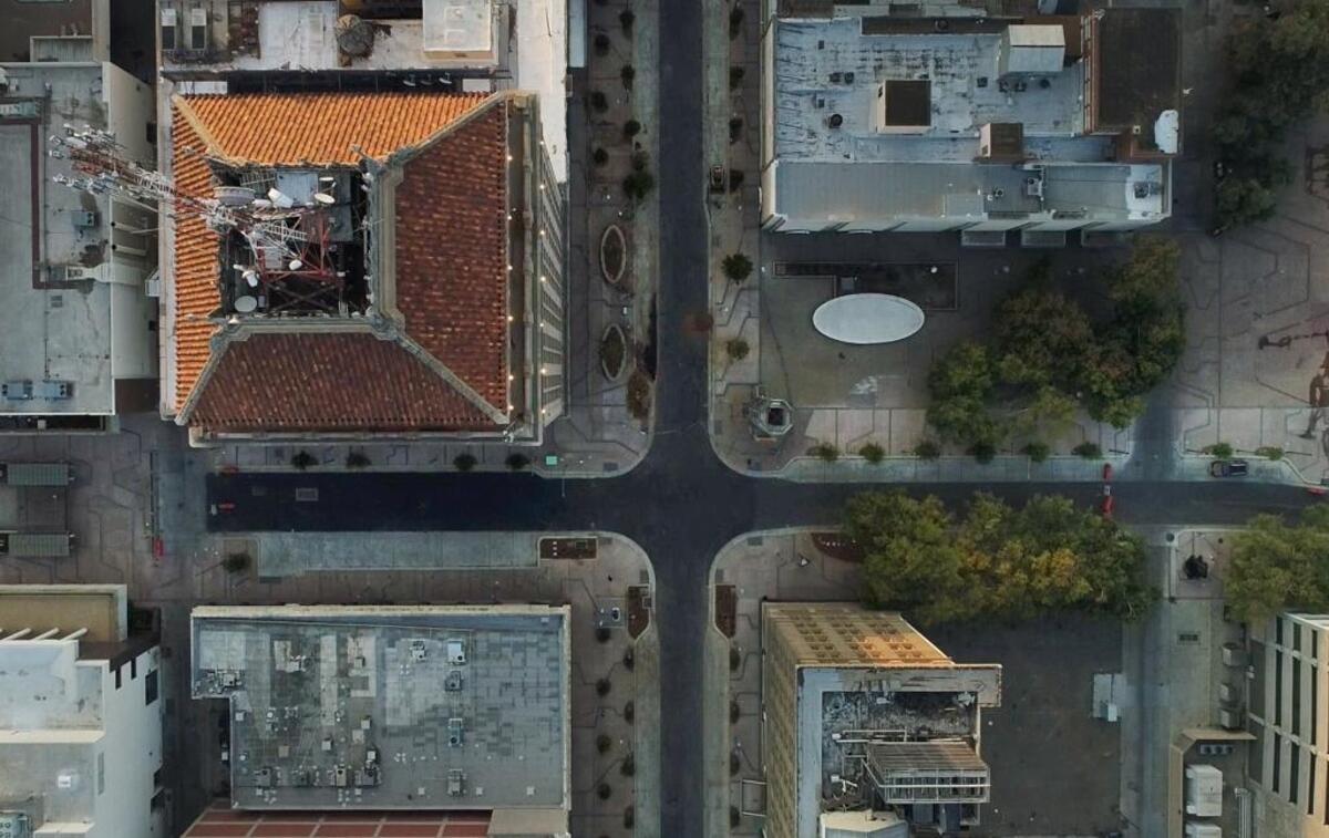 A bird’s eye view of the Pacific Southwest Building and downtown Fresno at Fulton and Mariposa streets.